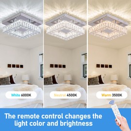 YPQXYHDA Dimmable Square Crystal Chandelier LED Mini Ceiling Light with Remote Flush Mount Small Chandelier Light for Hallway Foyer Kitchen Stair Closet, 3 Colors Adjustable Dimmable
