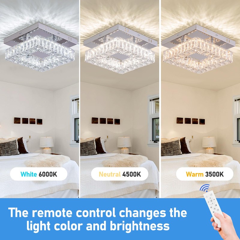 YPQXYHDA Dimmable Square Crystal Chandelier LED Mini Ceiling Light with