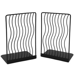 1 Pair Simple Black Metal Bookends, Wavy Line Hollowed Kids Nonskid Thickening Iron Book End Book Organizer L Shape Modern Geometric Design Bookend for Desk Shelves Library School Office Home Decor