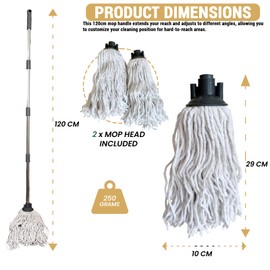 LS Long Cotton Floor Mop with Extra Replacement Mop Head and 3 Piece 110cm Long Stainless Steel Handle Lightweight Mops for Cleaning Floors Home Lobby Kitchen Office