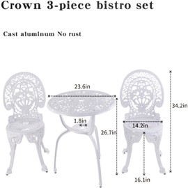 KAI LI Patio Bistro Sets 3 Piece cast Aluminum Patio Furniture Outdoor Garden Metal Rust Proof Tables and Chairs White bisrto Set (Crown-White)