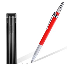 Mechanical Carpenter Pencil Set, 1pc Pencil and 12pcs 2B Pencils Refills Metal Marker Automatic Solid Pencils with Built-In Sharpener for Architect Construction Woodworking Scribering (Red)