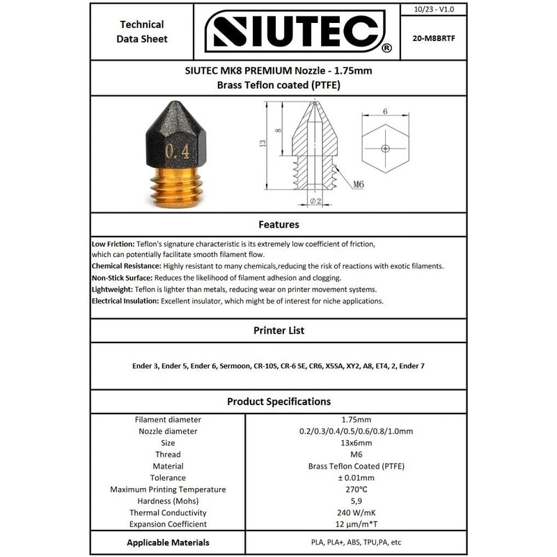 SIUTEC® Premium MK8 PTFE Brass Teflon/Brass Teflon Nozzle/Nozzle, 0.4 mm,