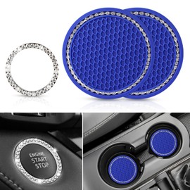 OUZORP Car Cup Coasters Blue 2 Pack with Push Start Button Bling Ring 1 Pack | Anti-Slip Car Coasters for Cup Holders…