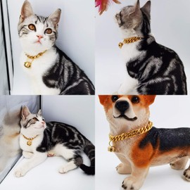 18K Gold Cat Dog Collar Puppy 1/2inch Wide Stainless Steel Kitten Choker Curb Chew Proof Cuban Link Chain with Bell (Neck Fit 8“-10”)