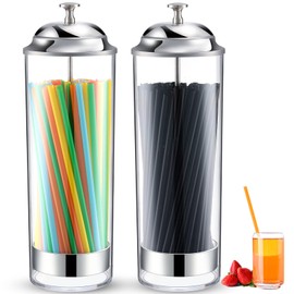 2Pcs Straw Dispenser Clear Straw Holder for Counter Straw Container with Lid Transparent Straw Lid Organizer Drinking Straw Holder Dispenser, Drinking Straws (Colorful, Simple Plastic)
