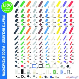 1100 Piece Building Bricks Set & Drawstring Carry Bag- Building Bricks Kit & Wheels Tires Axles Windows & Door Pieces- Classic Colors Bulk Building Blocks Play Set for Boys and Girls