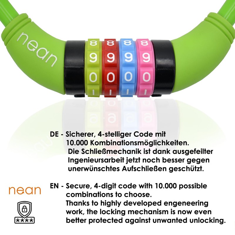 Nean children's-bicycle-cable-lock, number code combination lock in colourful design, 10