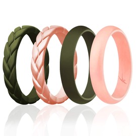 ROQ Silicone Rings for Women Thin Womens Silicone Rubber Wedding Rings Bands - Braided Flame Leaves and Dome Collection - Can Be Used as Stackable Rings - Dark Green, Rose Gold, Size - 8