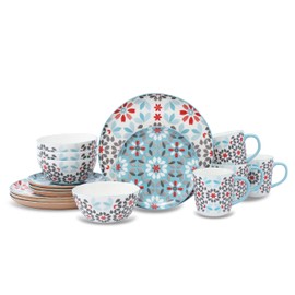 Lorren Home Trends Bone China 16-Piece Dinnerware Set, Floral Pattern with Blue and Red, Microwave and Dishwasher Safe, Service for 4