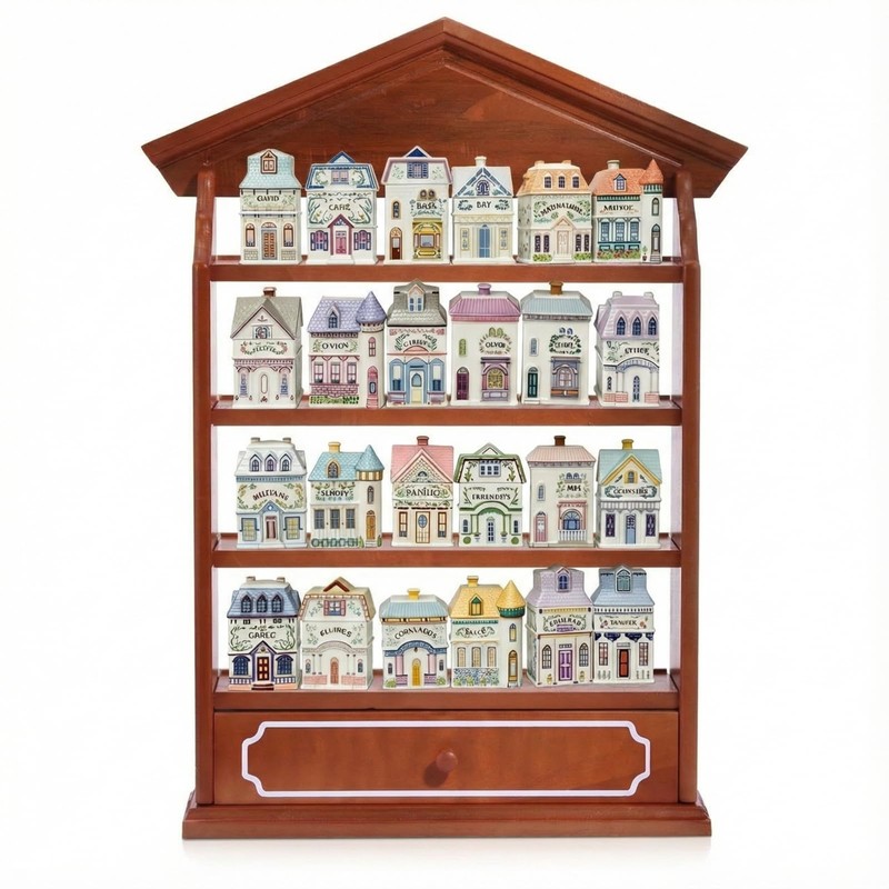 Vintage Wooden Spice Rack Village Style Display Shelf for 24