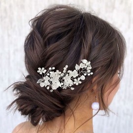 Edary Flower Bridal Wedding Hair Wreath Silver Beads Headpiece Beads Headband Bridal Leaf Hair Accessories for Women and Girls