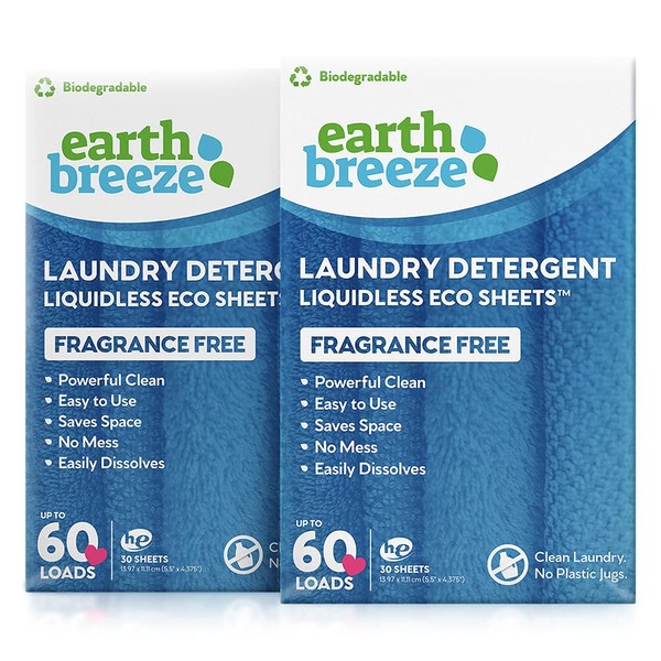 Earth Breeze - Hojas de detergente para ropa sin líquido - Sin fragancia - Sin jarra de plástico (120 cargas) 60 hojas (paquete de 2)