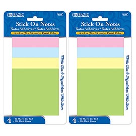 BAZIC 3" X 3" Stick On Note, Bright Assorted Colors Sticky Note Self-Stick Notes Sticking Paper, Post Stickies Colorful Memo Pads, Clean Removal Recyclable (200 Sheets/Pack), 2-Pack
