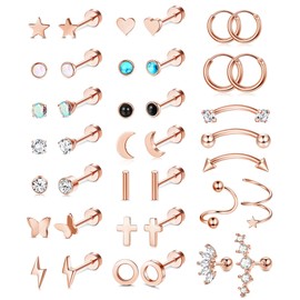 Kakonia Pack of 39 Helix Piercings Stainless Steel Piercing Ear for Women Men Cartilage Earrings Cross Moon Star Small Stud Earrings Hypoallergenic Flat Back Silver Earrings Stud Earrings, Stainless