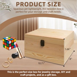 VIKOS Products 10.71x8x5.66-Inch Unfinished Wooden Box with Hinged Lid & Front Clasp for DIY Art Project Crafts Woodcraft Keepsake - Easy to Stain Paint Wood Burning