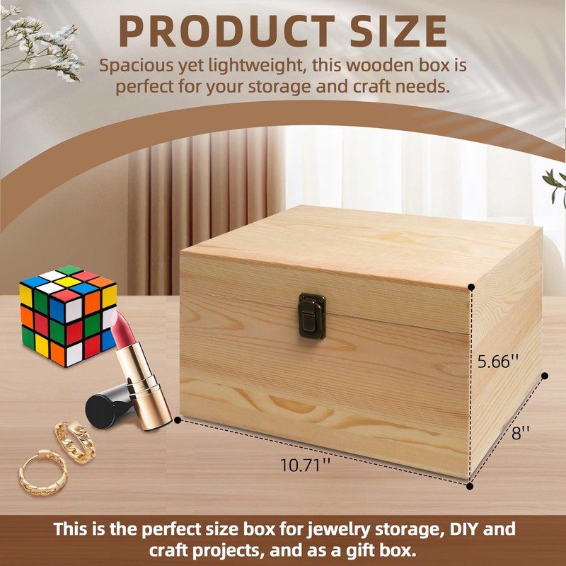 VIKOS Products 10.71x8x5.66-Inch Unfinished Wooden Box with Hinged Lid &