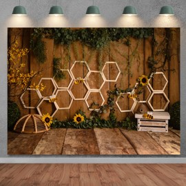 SADFA Bee Themed Backdrop 5x3ft Bee and Sun Flower Photography Background Wooden Wall Floor Honeycomb Farmhouse Birthday Party Decorations Photo Booth Props