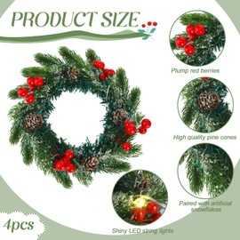 Lyrow 4 Pcs Christmas Candle Rings with LED Lights Mini Wreaths Red Berry Pine Faux Snow Wreath Artificial for Christmas Ornaments Decor Holiday Winter Season Thanksgiving Day Dinner Party Decoration