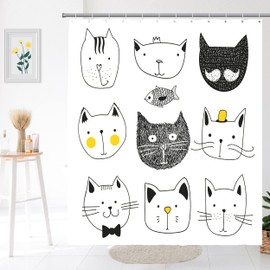 JV Home Cute Cat Shower Curtains with Hooks Decorative Funny Animal Pattern Washable Waterproof Polyester Fabric for Bathroom Accesories Decor Shower Curtain Set Rideau Douche 72x72 inch White Black