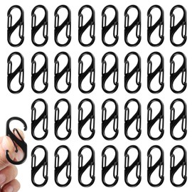 Pack of 30 S Carabiners, 32 mm Mini Carabiner Metal Screw Carabiner Double Spring 2 Openings for Outdoor Camping Hiking (Black)