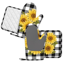 HEROARMOUR Sunflower Black White Buffalo Plaid Oven Mitts Pot Holders Set Silicone Sunflower Plaid Kitchen Gloves Potholders Non-Slip Heat Resistant for Chef Baking Grilling BBQ 4 pcs Kitchen Mitts