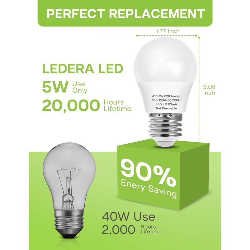 LED Amber Light Bulbs, 40W Equivalent A15 LED Bulb, 5W