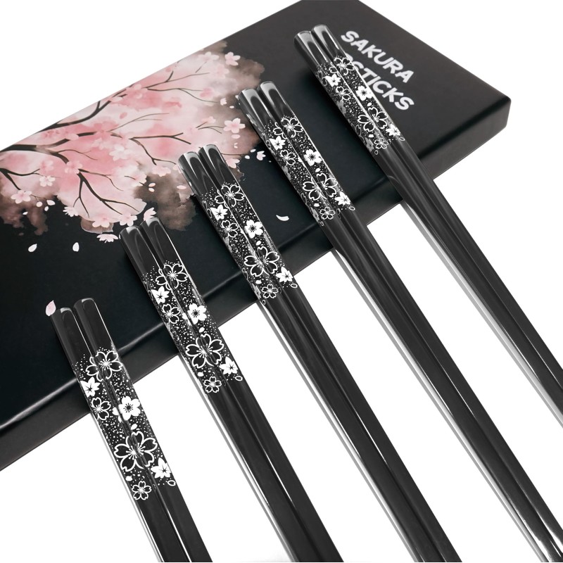 TIAKO Stainless Steel Chopsticks Set, 5 Pairs Japanese Sakura Reusable