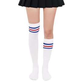 Zando Striped Thigh High Socks for Women Striped Knee High Socks Striped Knee Socks for Women Thigh High Stockings Cosplay Stockings Thigh Highs Leg Warmers over the Knee Socks White/Red/Blue