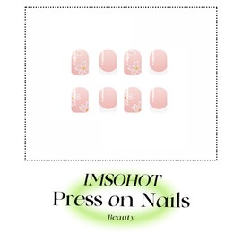 IMSOHOT Press on Nails Short Square Fake Nails White French Tips False Nails with Flower Designs Glossy Acrylic Glue on Nails Spring Cute Nude Full Cover Stick on Nails for Women Girls