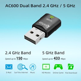 KEISTUO AC600 WiFi Adapter for Desktop PC Laptop - Wireless Dongle for PC, Dual Band 2.4GHz/5GHz, Mini USB WiFi Adapter Compatible with Windows 11, 10, 8, 7, XP Computer System