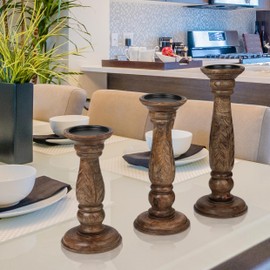 Rustic Wooden Candle Holder Set of 3, Hand-Carved Mango Wood with Elegant Design, Vintage Unique Carving Home Décor Pillar & Tea Light Candle Stands, Boho Chic Accent - 14,12,10 Inch Burnt