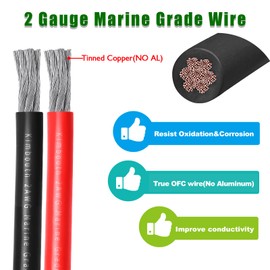 2 Gauge Marine Wire Tinned Copper Boat Cable, Standard USA OFC Oxygen Free Copper Wire for Automotive Boat Speakers Solar Outdoors (2 Gauge 5FT Red+5FT Black)