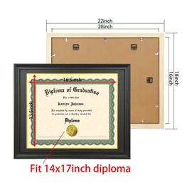 LTYHHK 14x17 Diploma Frame Solid Wood Black, Displays 14x17 Diplomas with Black Over Gold Mat or 16x20 Inch Without Mat, Diploma Frame 14x17 Certificate Frames (LK1620BG)