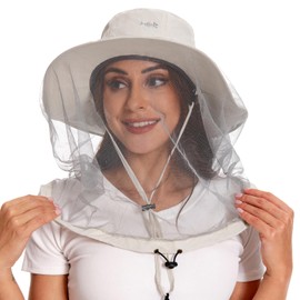 BASSDASH UPF 50+ Mosquito Sun Hat with Hidden Head Net and Neck Flap for Men Women Outdoor Fishing Hiking Camping Beige