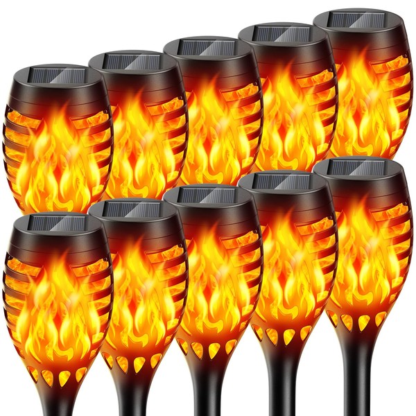 BONLION Solar Outdoor Lights, 10 Pack Solar Torch with Flickering Flame Waterproof, Solar Powered Garden Lights, LED Flame Pathway Torches Lights for Yard, Patio, Outside Landscape Décor