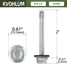 #14 x 2 (50 PCS) Metal Roofing Screws with Rubber Washer, Hex Head Metal to Wood Self Tapping Siding Screws, Self Drilling Sheet Metal Screw, Hex Bit Socket Included