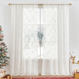 jinchan Christmas Curtains White Snowflake Embroidered Sheer Curtains 96 Inch Length Light Filtering Xmas Backdrop Window Curtains for Living Room 2 Panels Set Bedroom Rod Pocket Curtains