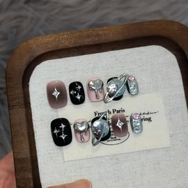 TENPAL Handmade Press On Nails 10 Pcs with Tools Kit,Sweet Goth Pink Black Celestial Stars Glue on Nails Square, Glossy Cute Y2K False Nails,Short Coffin Glam Reusable Fake Nails for Rave Party(L)