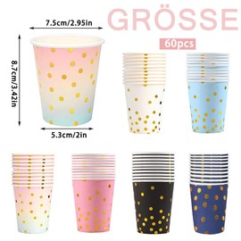 Coztie Paper Cups, Gold Dot, Pack of 60 Disposable Cups Dots, Drinking Cups, Coffee Cups, Paper Cups, Colourful Party Cups for Parties, Tea, Hot Cold Drinks, 250 ml