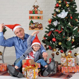 LHIUEM Merry Christmas Signs Reindeer Christmas Decoration Set of 3(8”X12”) Vintage Wooden Truck Christmas Hanger Decor Farmhouse Christmas Wreaths for Front Door Gingerbread Christmas Hanging Decor