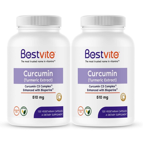 Curcumin 510mg (Turmeric)(240 Vegetarian Capsules) (120 x 2) with Curcumin C3 Complex & Bioperine - Standardized to 95% Curcuminoids - No Stearates - No Fillers - Vegan - Non GMO - Gluten Free