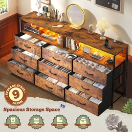 Romorgniz 55" W Dresser for Bedroom with 9 Drawers, LED TV Stand with Power Outlets for 45, 55, 65 Inch TV, Sturdy Long Chest of Drawers with Extra 2 Storage Wooden Shelves, Rustic Brown