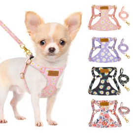 SlowTon Dog Harness with Lead, No-Pull Lightweight Soft Suede Puppy Harness with Floral Pattern and Snap Buckle, Adjustable Dog Harness for Small and Medium Dogs (Pink, S)