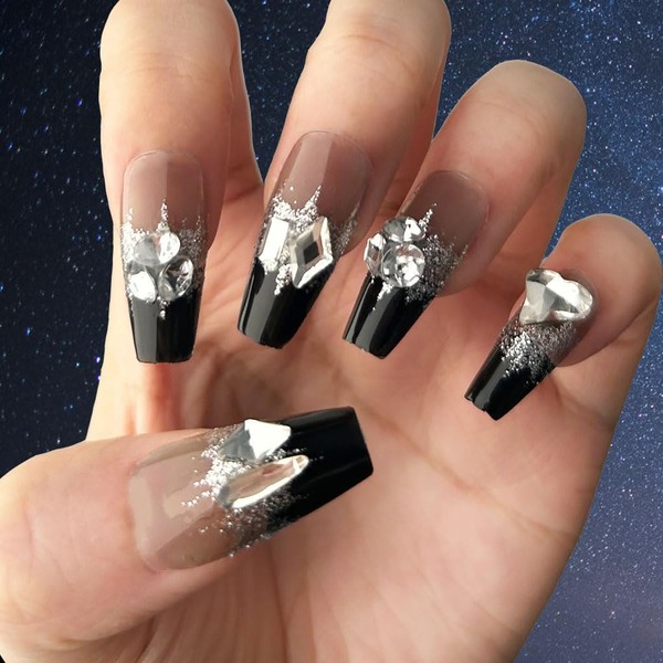 Ezebesta 24PCS Medium Coffin Black Shining Ombre Press on Nails