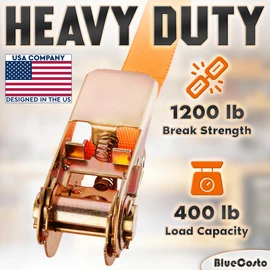 Premium Ratchet Straps - 4 Pack, Orange - 13 ft Racheting Lashing Straps - Heavy-Duty 400 lb Load Capacity, 1200 lb Break Strength - Tie-Downs for Cargo, Trailer, & Truck Bed - by BlueCosto