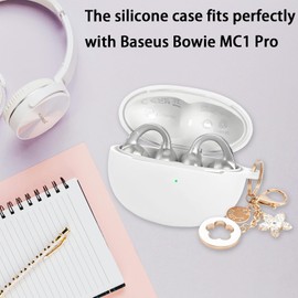 Ziseyoru Case Cover Compatible with Baseus Bowie MC1 Pro, Soft Silicone Protective Skin for Baseus Bowie MC1 Pro Earbuds with Accessories Bling Keychain for Women Girl (White)