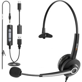Wantek Headset USB Type-C 3.5mm Monaural Noise Cancelling with Microphone, 3 Types of Plug Heads, Suitable for Skype, Web Conferencing, Call Centers, Remote Work, Home Office, Pro Business Telecom PC
