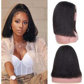 180% Density Kinky Straight Wig Human Hair 13x4 HD Lace Front Wigs Human Hair Wigs For Black Women Yaki Straight Human Hair Wig Glueless Frontal Wigs Human Hair Pre Plucked Bob Wig (14 INCH)