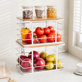 Stylstoreazy 2 Pack Pantry Organizers and Storage,Kitchen Organization with Bamboo Top,Stackable Kitchen Pantry Bin for Onion,Potato,Fruits,Produce,Vegetable,White